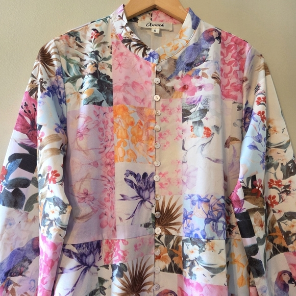 Annick Patchwork Tropical Floral Animal Print Midi Feminine Long Sleeve Dress S - Picture 5 of 13